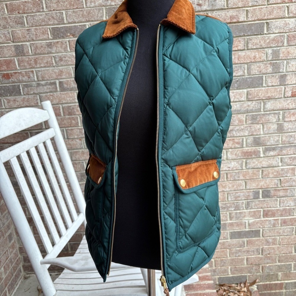J.Crew Quilted Down Puffer Vest Womens XXS Green Brown Heritage Preppy - Picture 3 of 16